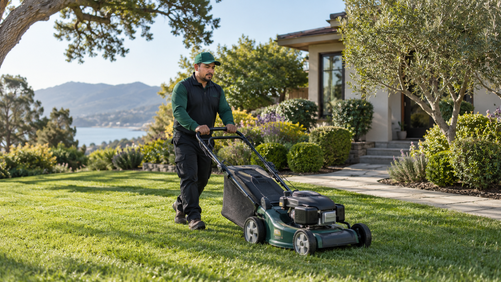 Latino landscaping professional mowing a residential lawn