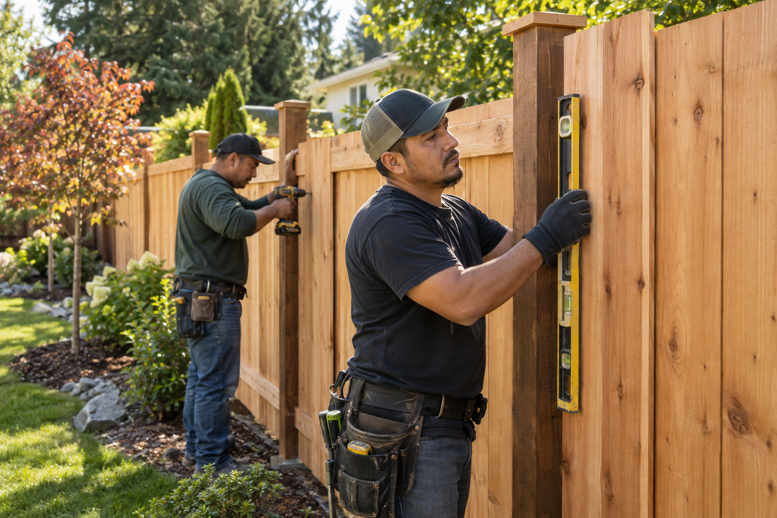 Professional workers building a wooden fence