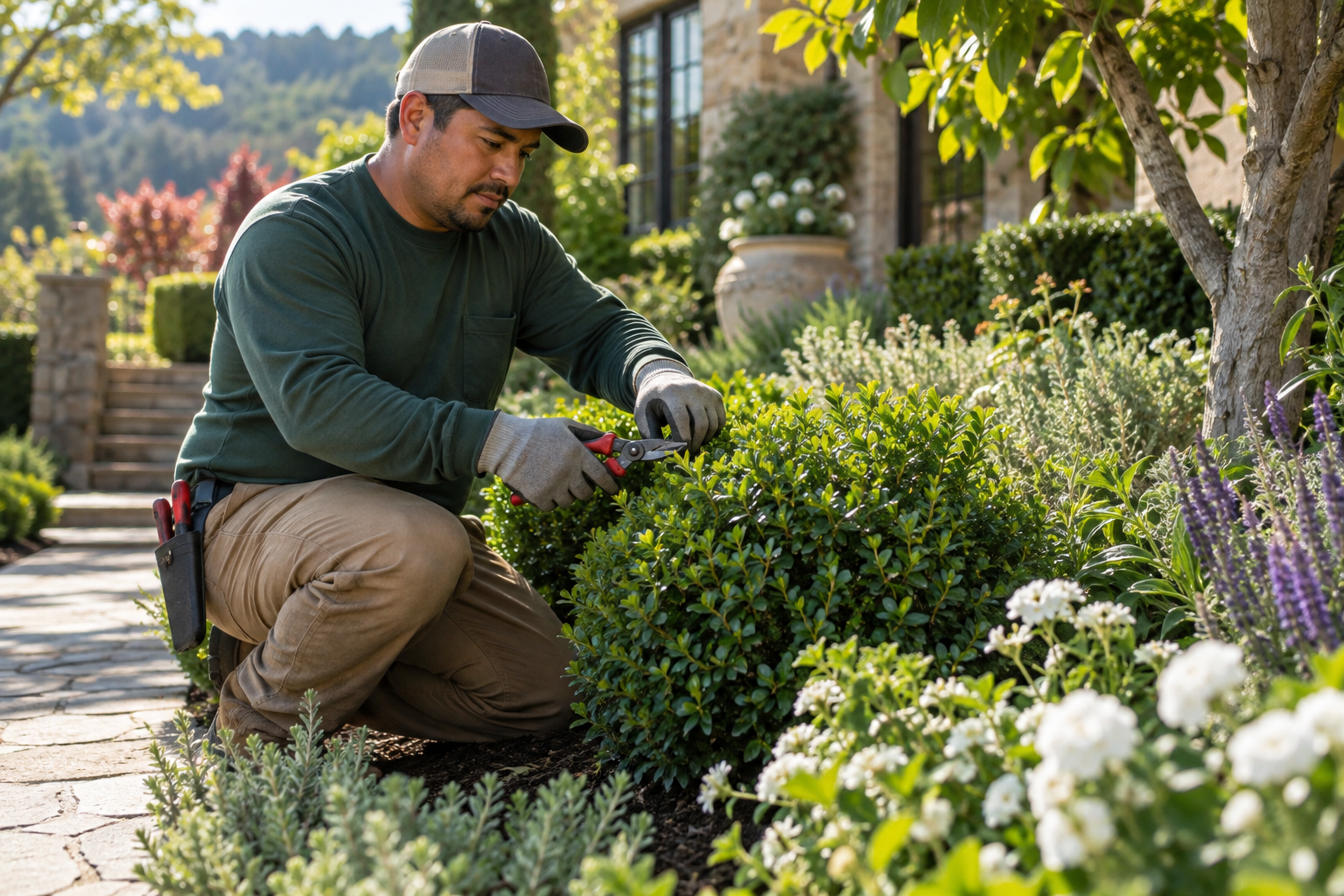 Professional worker maintaining a residential garden