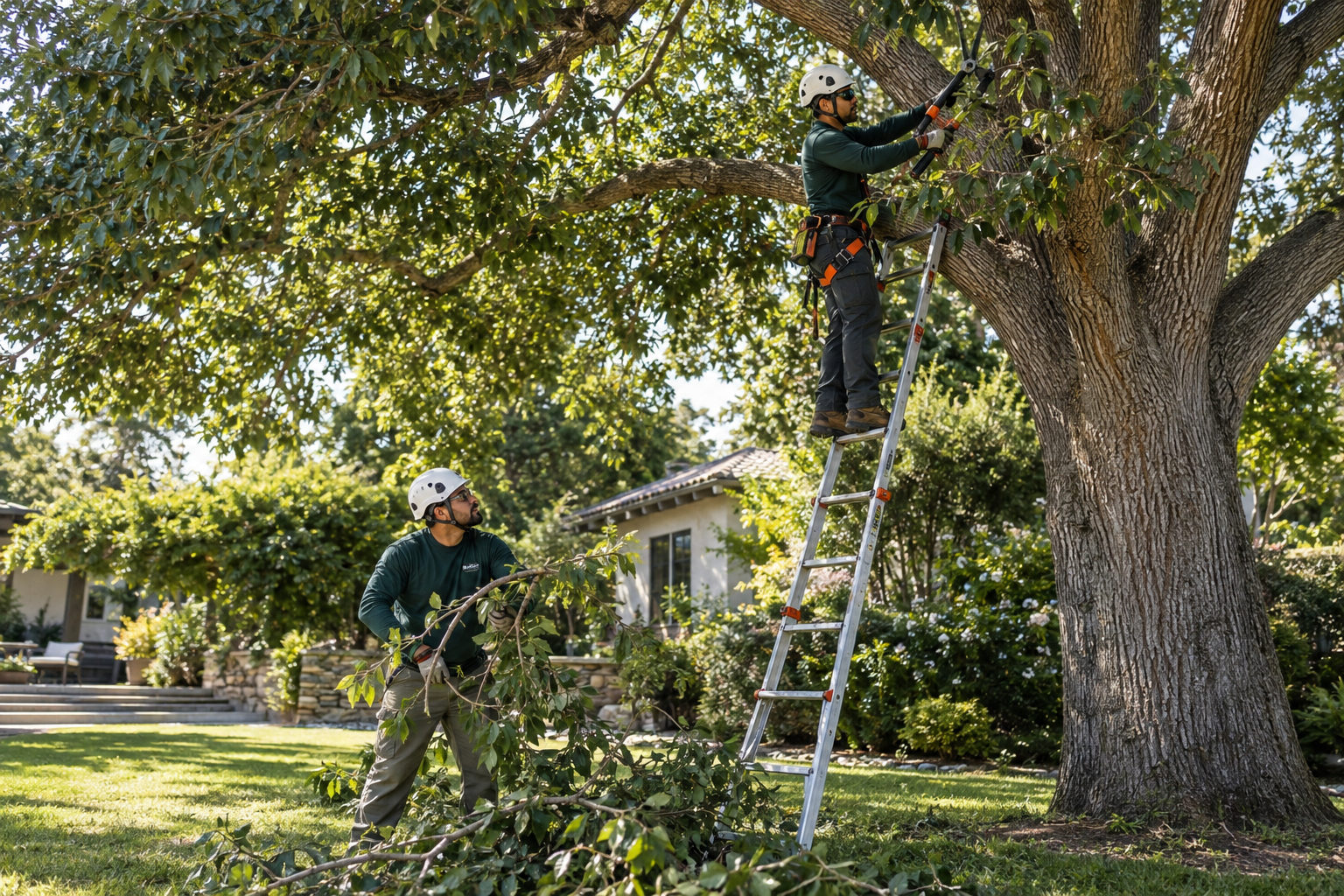 Professional workers safely pruning a tree
